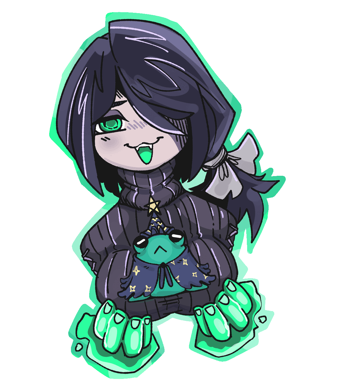 Animated illustration of Myra looking happy holding a wizard frog. She sways from side to side in excitement.