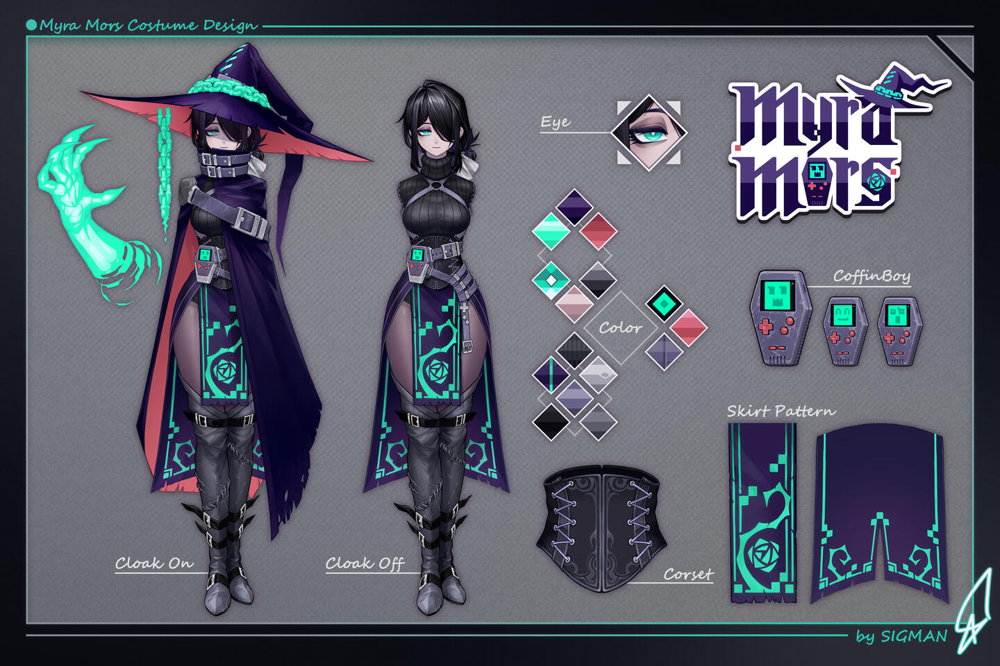 Reference sheet of Myra featuring a view of her with and without her large cloak and hat. It also features a colour chart, and close up views of her outfit's details.